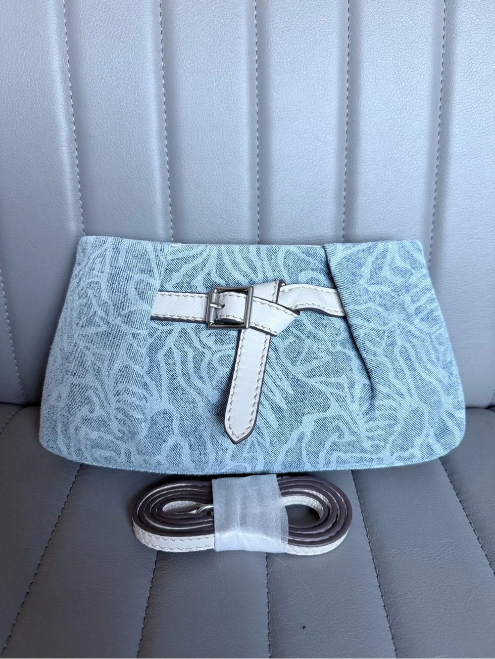 Aimee Kestenberg Houston Belted Clutch Crossbody Denim Looking Genuine Leather